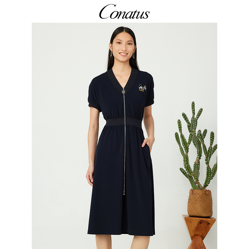 CONATUS/珂尼蒂思连衣裙夏季新款X型收腰显瘦V领显身材裙子女
