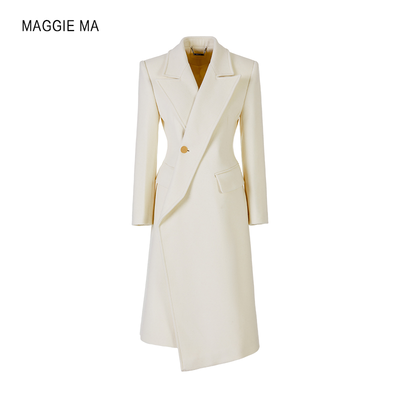 MAGGIE MA马婧设计师款大衣乳白斜门襟一粒扣羊毛修身呢子X型外套