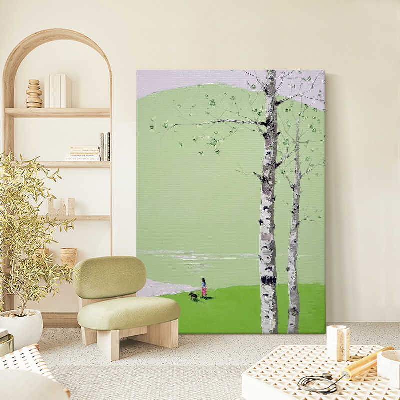 抽象山峰风景客厅纯手绘油画白桦树装饰画绿色玄关丙烯肌理挂画