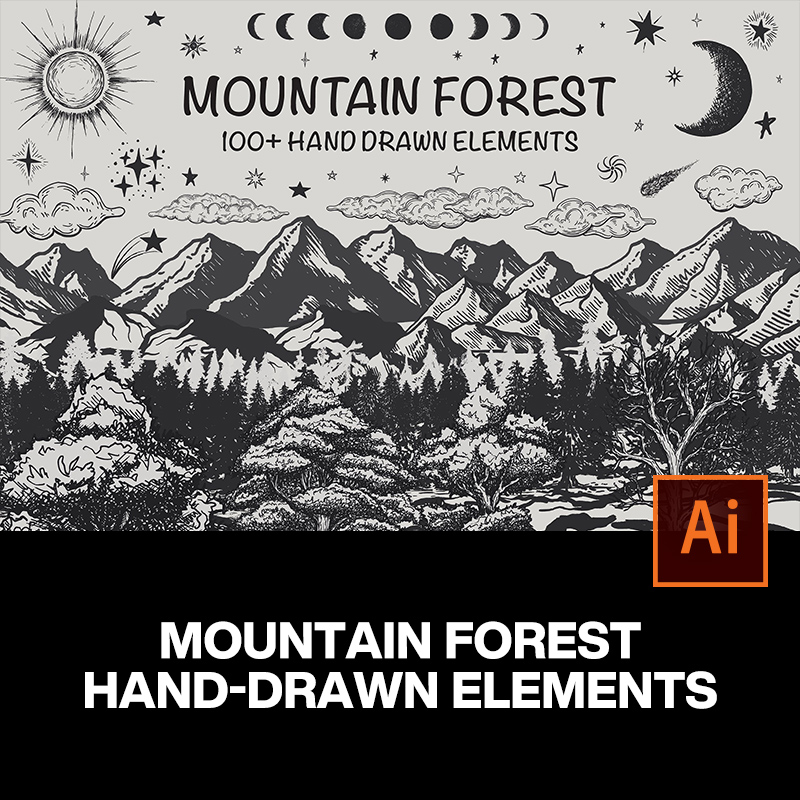 手绘自然植物森林树木山峰太阳月相云朵绘画插图插画ai设计素材