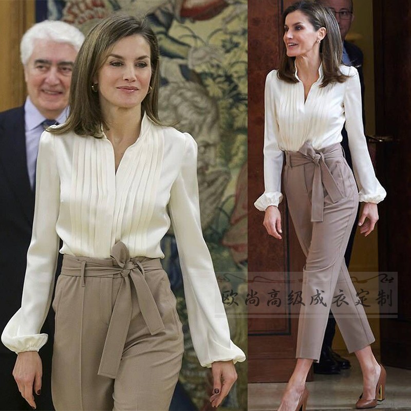 高级定制西班牙王妃同款米黄真丝衬衫+卡其色九分裤名媛套装时尚
