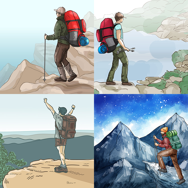 登山人物插画 攀登运动 徒步背包客海报背景 AI格式矢量设计素材
