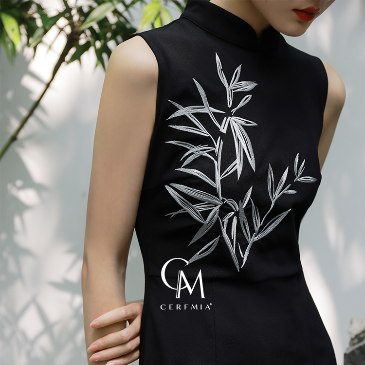 小鹿弥雅《竹》原创设计新中式国风刺绣旗袍无袖小黑裙连衣长裙夏