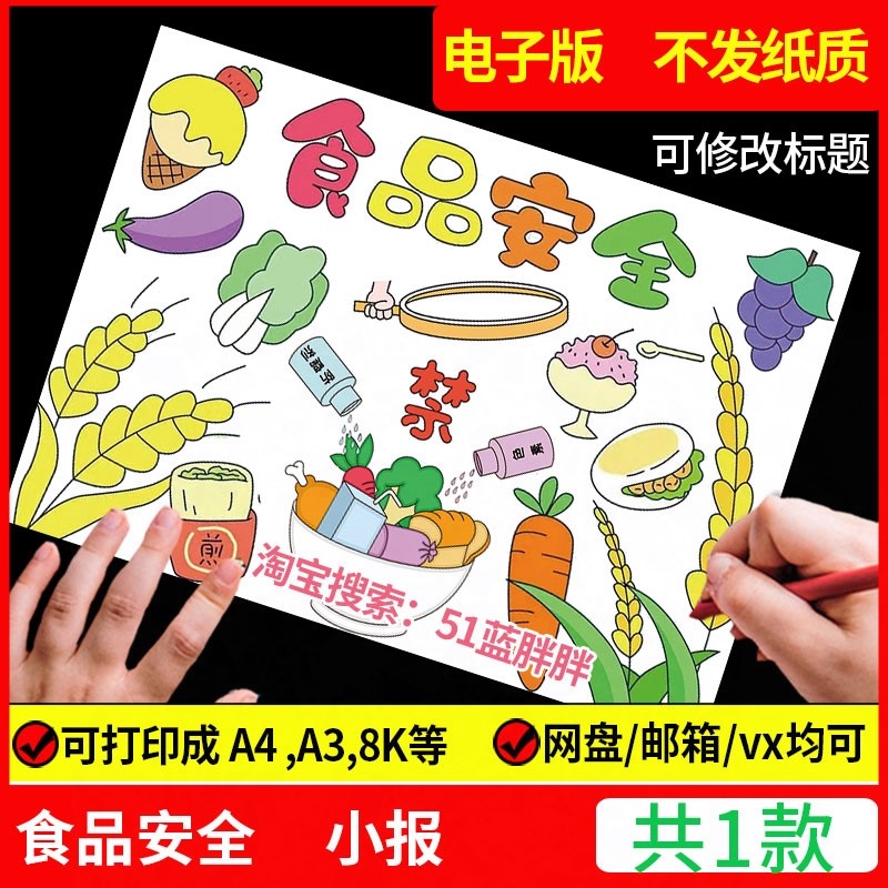 食品安全手抄报模板儿童画绘画健康饮食营养教育电子版小学生小报