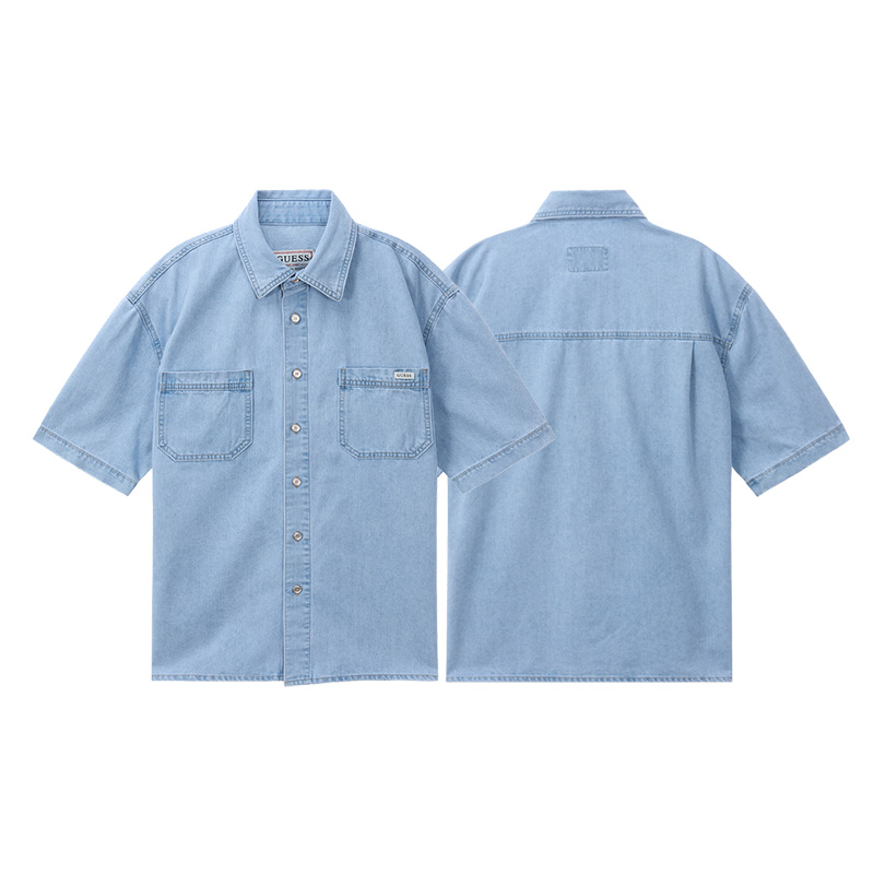 GUESS韩国代购24夏男新款浅色双口袋小标百搭型男短袖牛仔衬衫