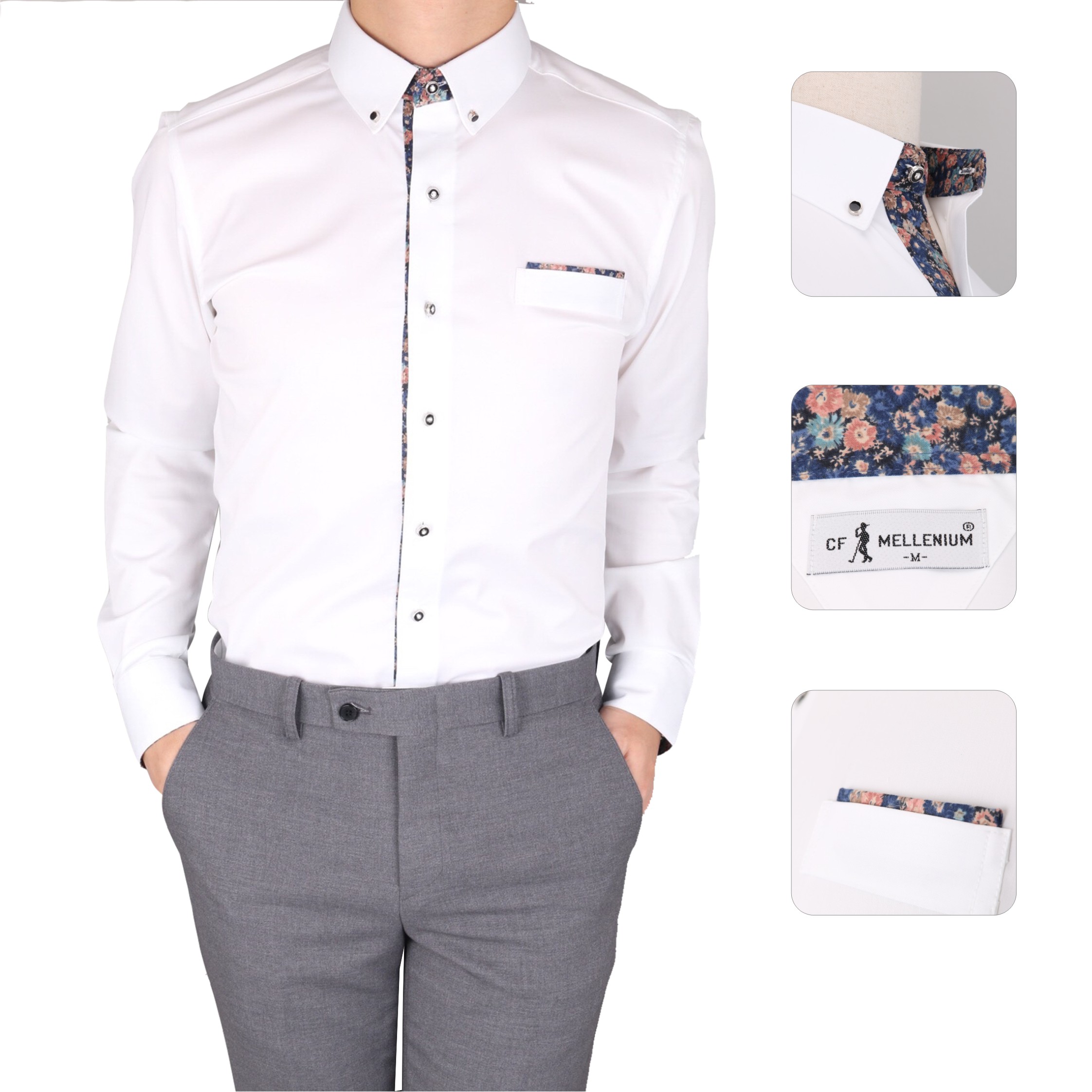 韩国CF秋季新款男士长袖商务修身款英伦简洁百搭型男潮流白色衬衫