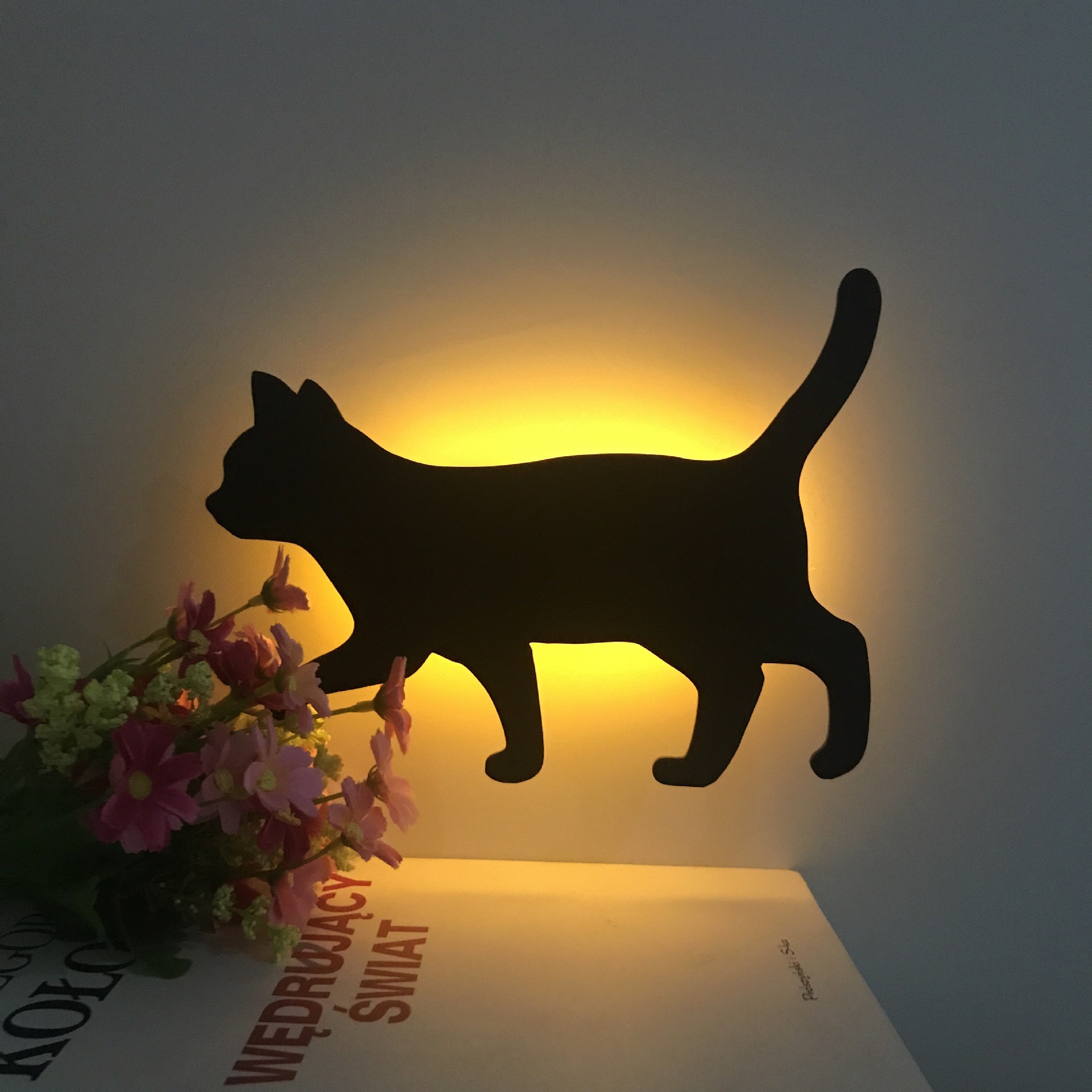 猫咪剪影灯光声控感应灯小夜灯影子灯电池投影灯壁灯动物猫灯磨砂