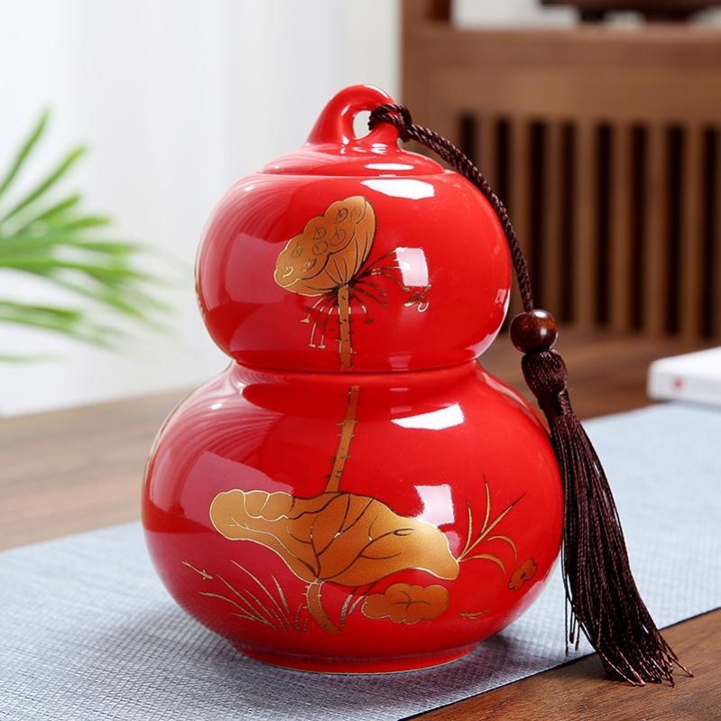 陶瓷摆件福禄葫芦茶叶罐客厅摆件小号密封罐子大号普红茶绿茶包装