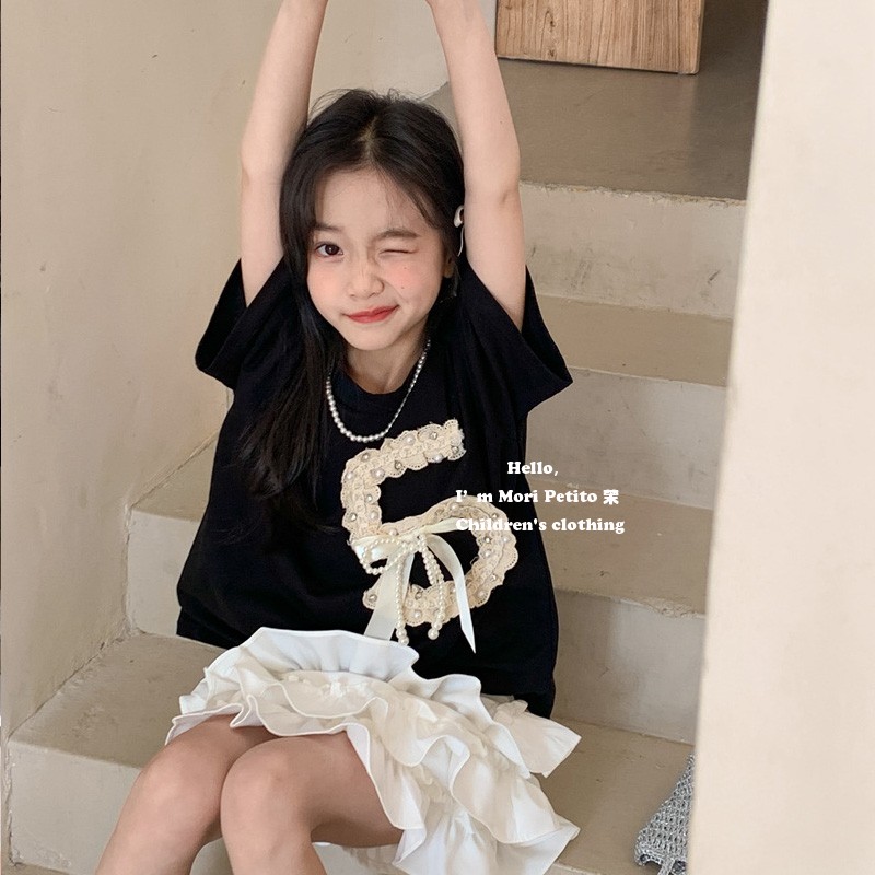 韩系气质设计感珍珠女童小香风宽松短袖T恤蝙蝠衫上衣24年春夏