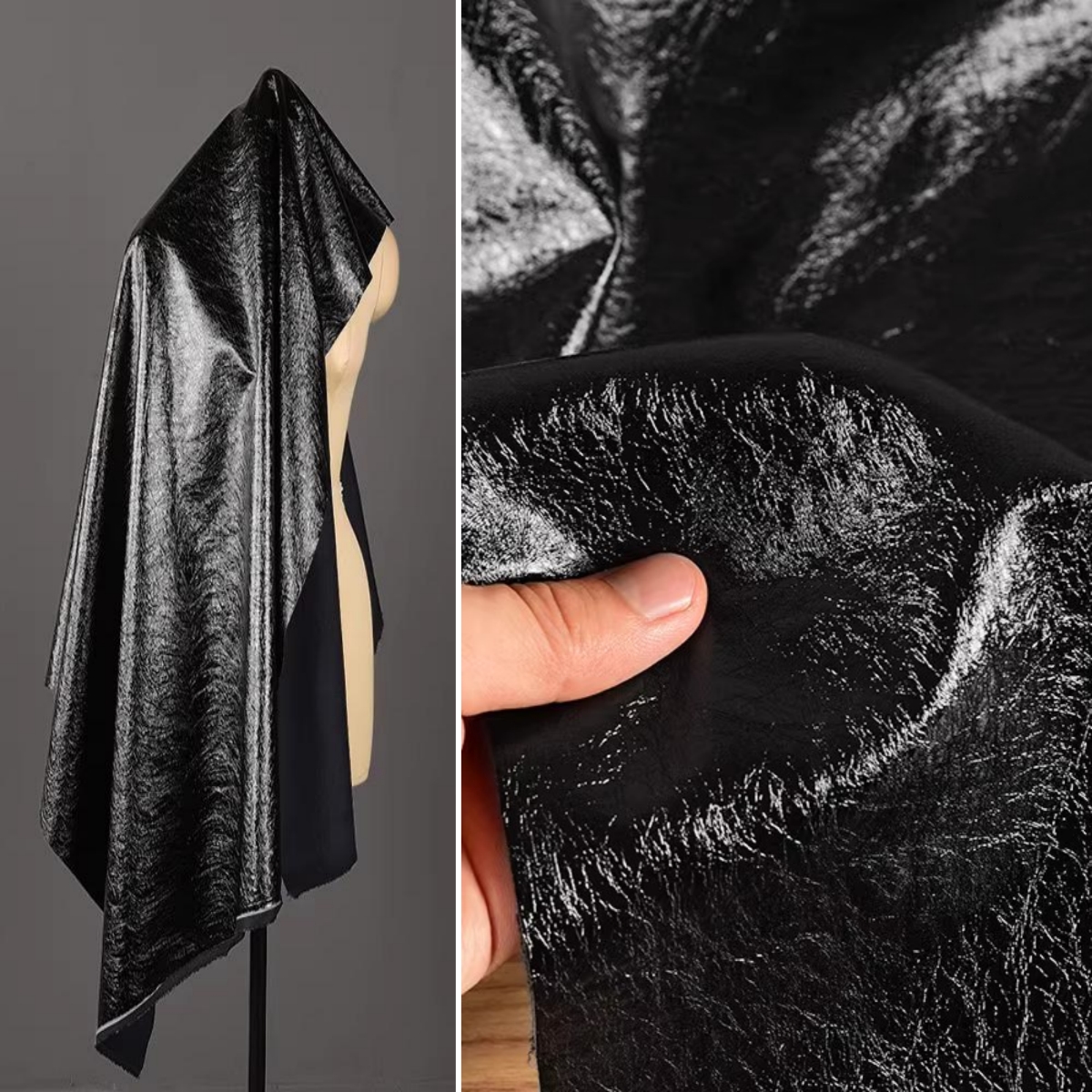 重肌理裂纹PU皮革—100%棉布底 油光亮黑色镜面无规则纹理皮布料