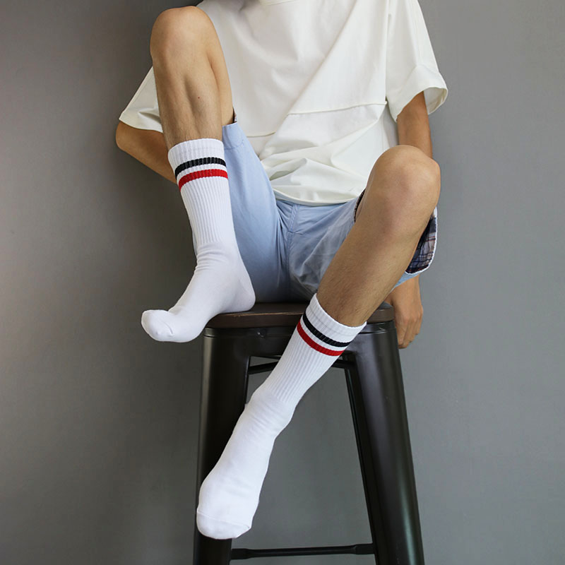 韩版男士街拍长筒袜子纹理条纹白袜纯棉高筒大码高帮袜子时尚潮流