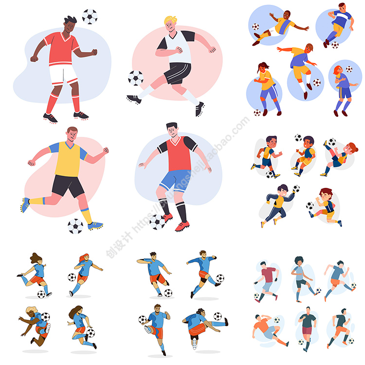 卡通踢足球人物  体育运动员男女动作姿态 AI格式矢量设计素材