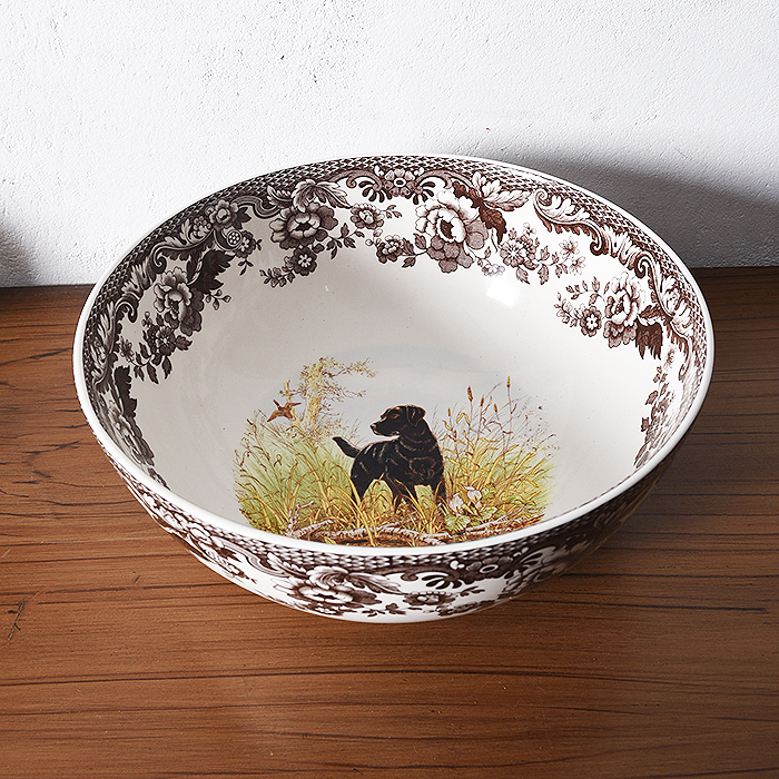 英国皇室收藏Spode Woodland黑犬花纹陶瓷大碗果碗汤碗沙拉碗
