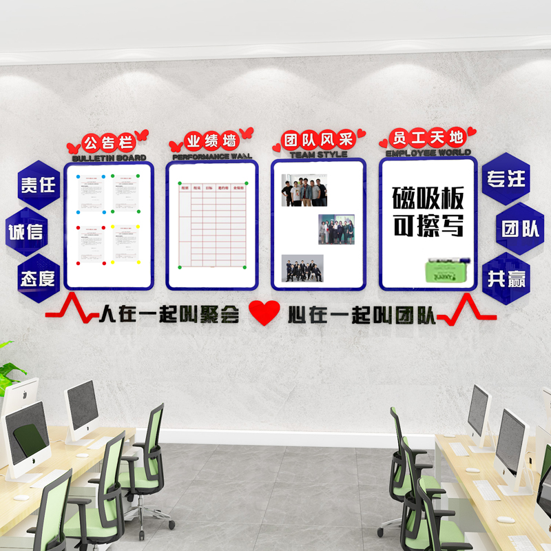 企业文化墙贴布置公告栏展示板磁吸白板业绩榜公司办公室墙面装饰