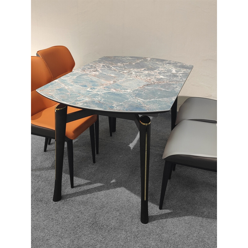 轻奢设计方圆俩用餐桌可伸缩多人金属烤漆亮光岩板餐桌椅组合家用