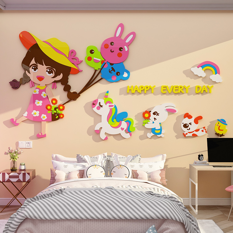 网红女孩儿童房间布置装饰公主卧室床头卡通墙面贴纸亚克力3D立体