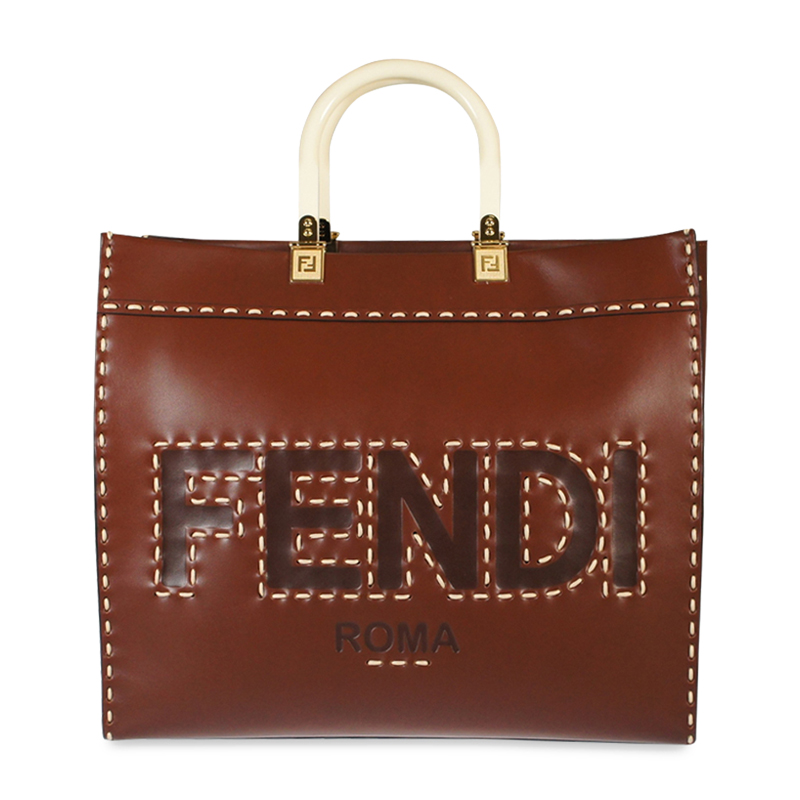 FENDI/芬迪女士咖色牛皮字母图案敞口复古明线购物手提包袋8BH386