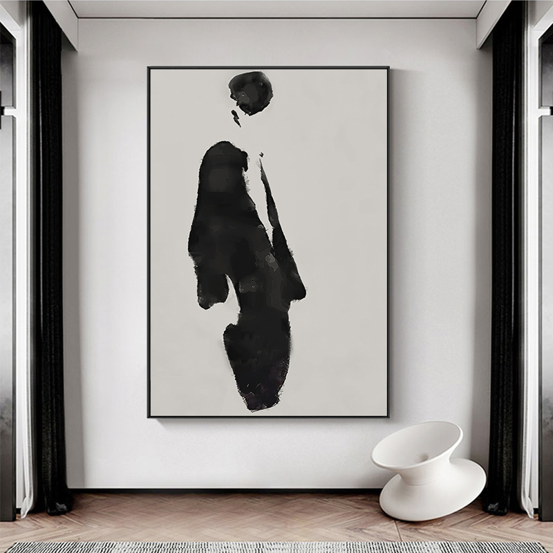 黑白灰风格抽象极简客厅装饰画高级感落地画现代小众艺术人物挂画