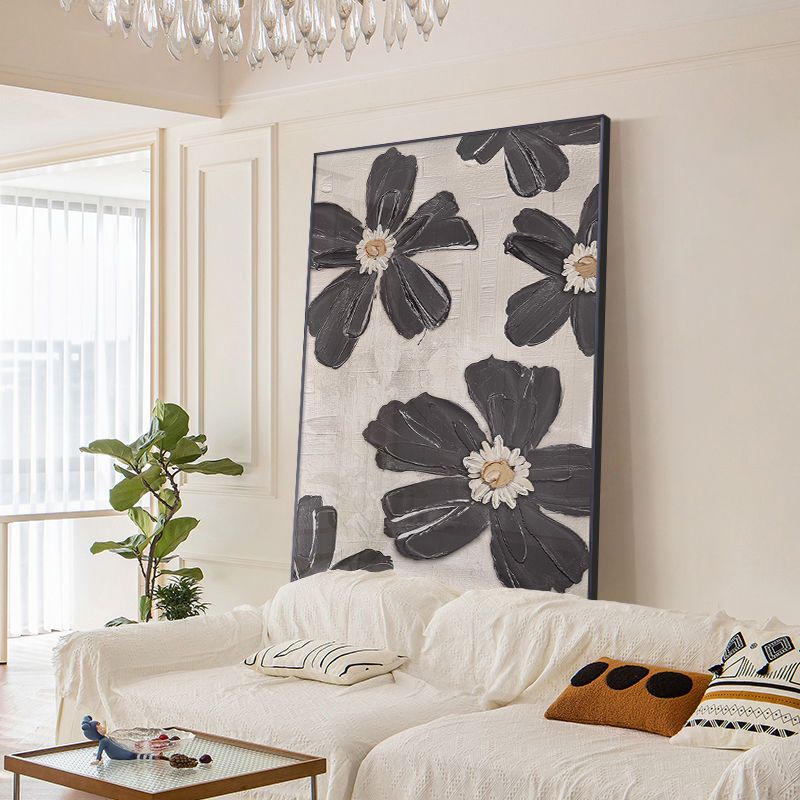现代抽象沙发后面落地画大幅黑白花朵玄关装饰画客厅过道挂画
