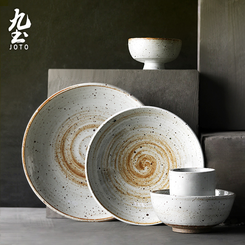 九土手工粗陶餐具套装老式土碗和风陶盘碟子碗盘家用日式粗陶食器