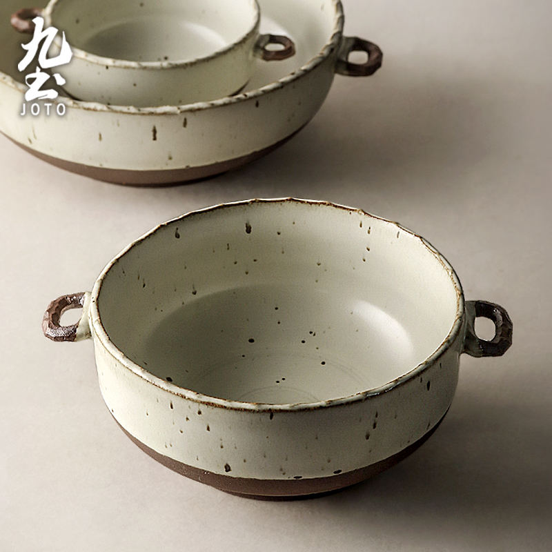 九土日式手工粗陶餐具复古家用大汤碗米饭汤面碗防烫双耳碗盘食器