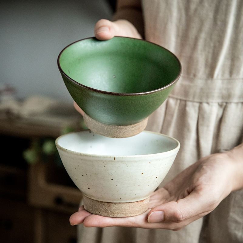 悠瓷 特色手工粗陶斗笠碗家用加厚米饭碗复古陶瓷碗个性高脚饭碗