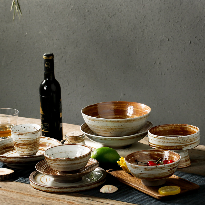 中式手工画釉陶瓷餐具饭碗菜盘果盘家用餐盘创意粗陶个性汤碗面碗
