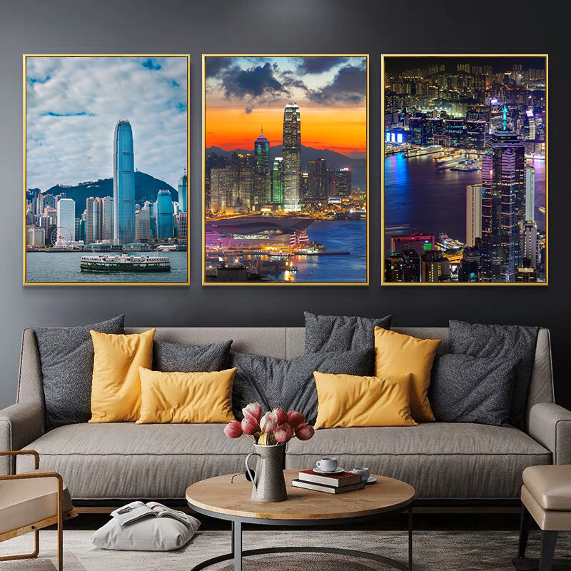 维多利亚港装饰画香港建筑风景来图定制港式茶餐厅冰室背景墙挂画