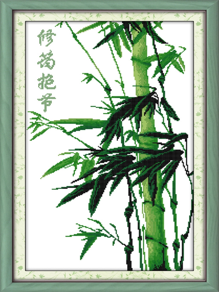 绿色竹子图案简单绣清晰印花十字绣竖版书房玄关风景刺绣四季常青