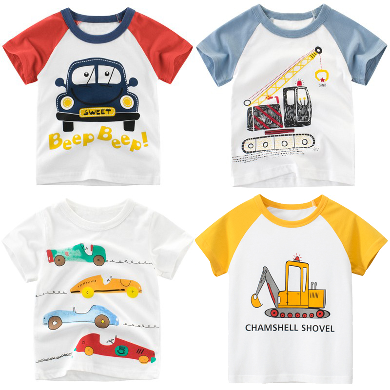 3岁男童纯棉短袖T恤小汽车4男孩5宝宝夏装半袖衣服挖掘挖土机图案