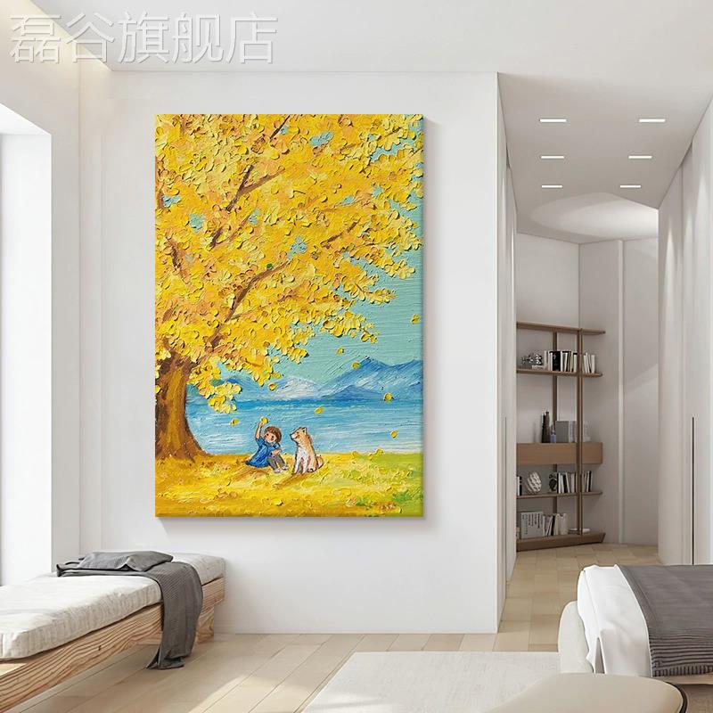 网红金黄色银杏树肌理挂象画客厅抽秋天的风景手绘油画木玄关装饰