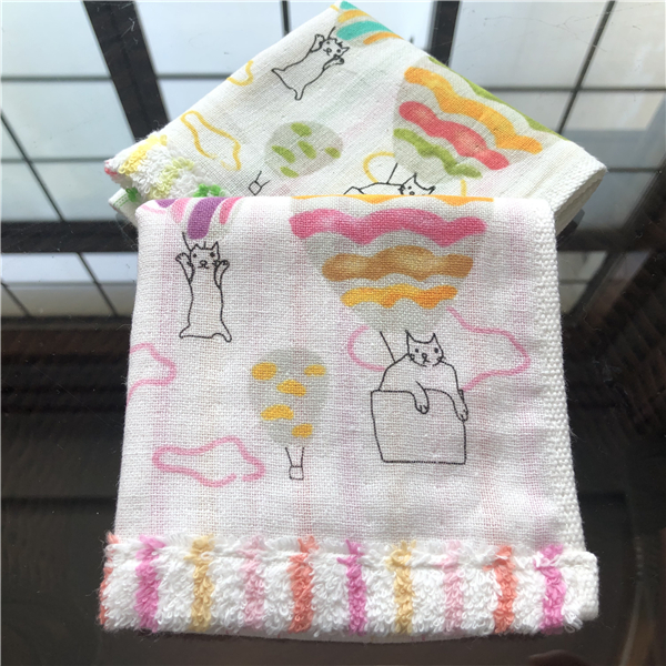 出口日本原单 纱布 猫咪简笔画 热气球卡通婴幼儿 儿童小方巾手帕