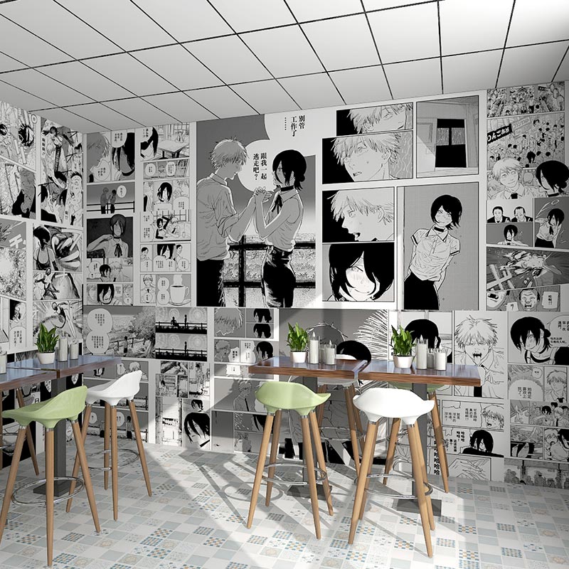 卡通动漫日式电锯人墙纸儿童房卧室床头背景墙布黑白漫画装饰壁纸