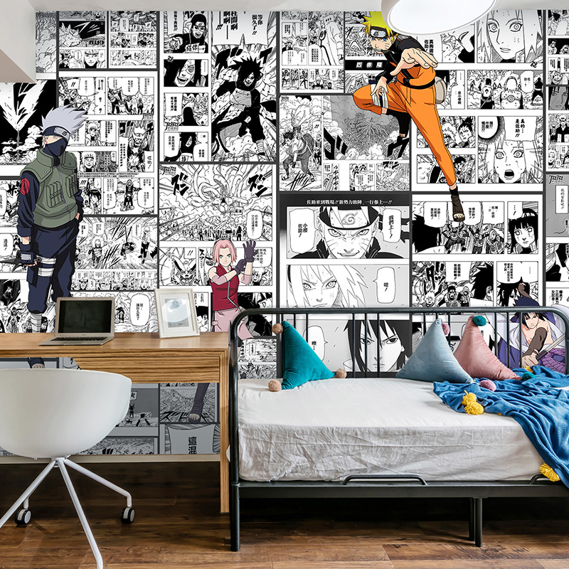 卡通动漫火影忍者墙纸儿童房卧室奶茶店背景墙布鸣人黑白漫画壁纸