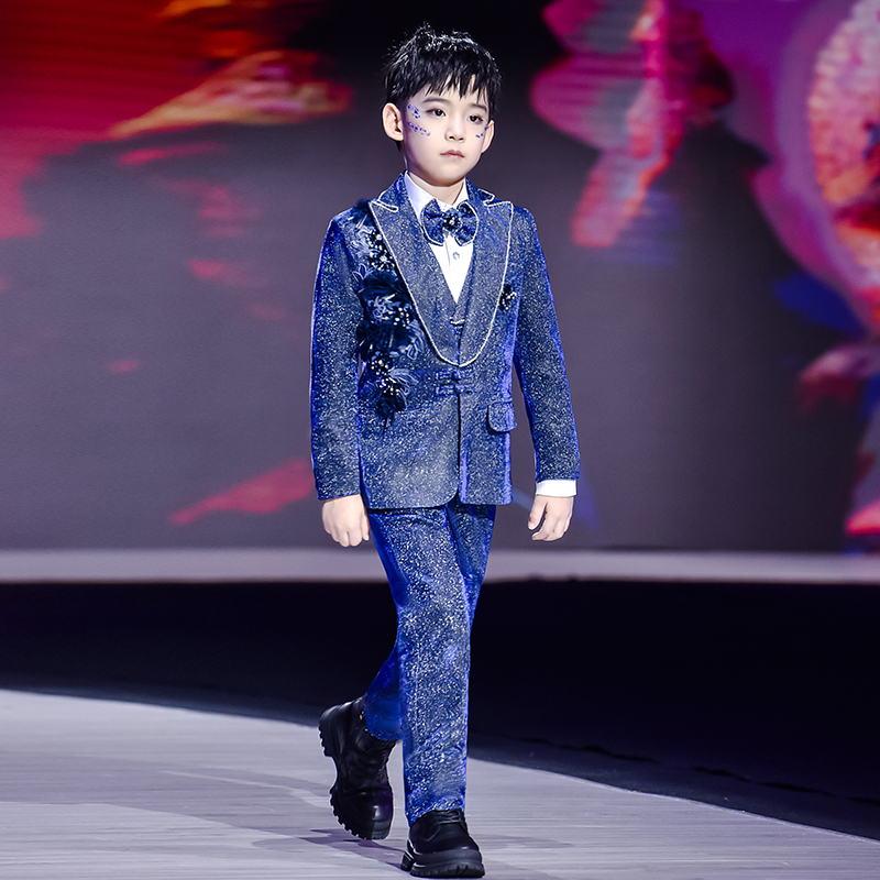 儿童西装套装男童2024新款模特走秀新中式舞台潮主持人钢琴演出服