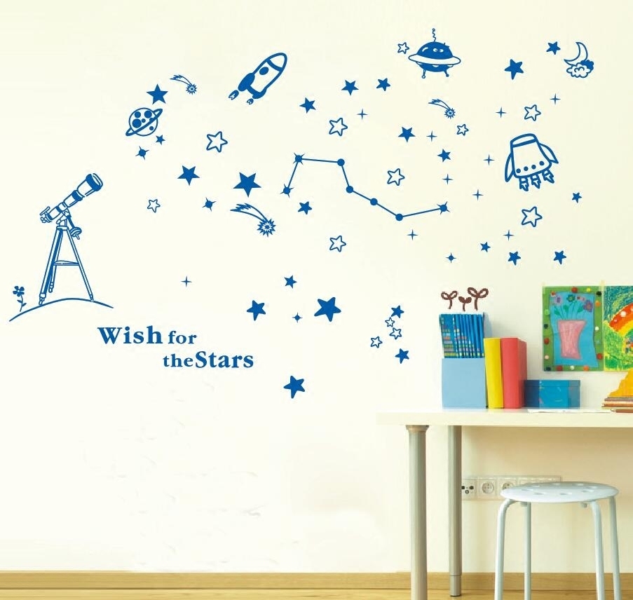 天文望远镜 宇宙外太空卡通墙贴幼儿园儿童房科学实验室装饰贴纸