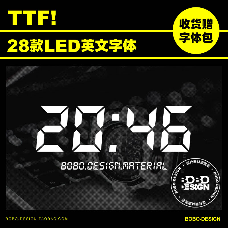 28款LED电子时钟液晶像素LCD科技ttf英文字体包PS设计素材下载ai