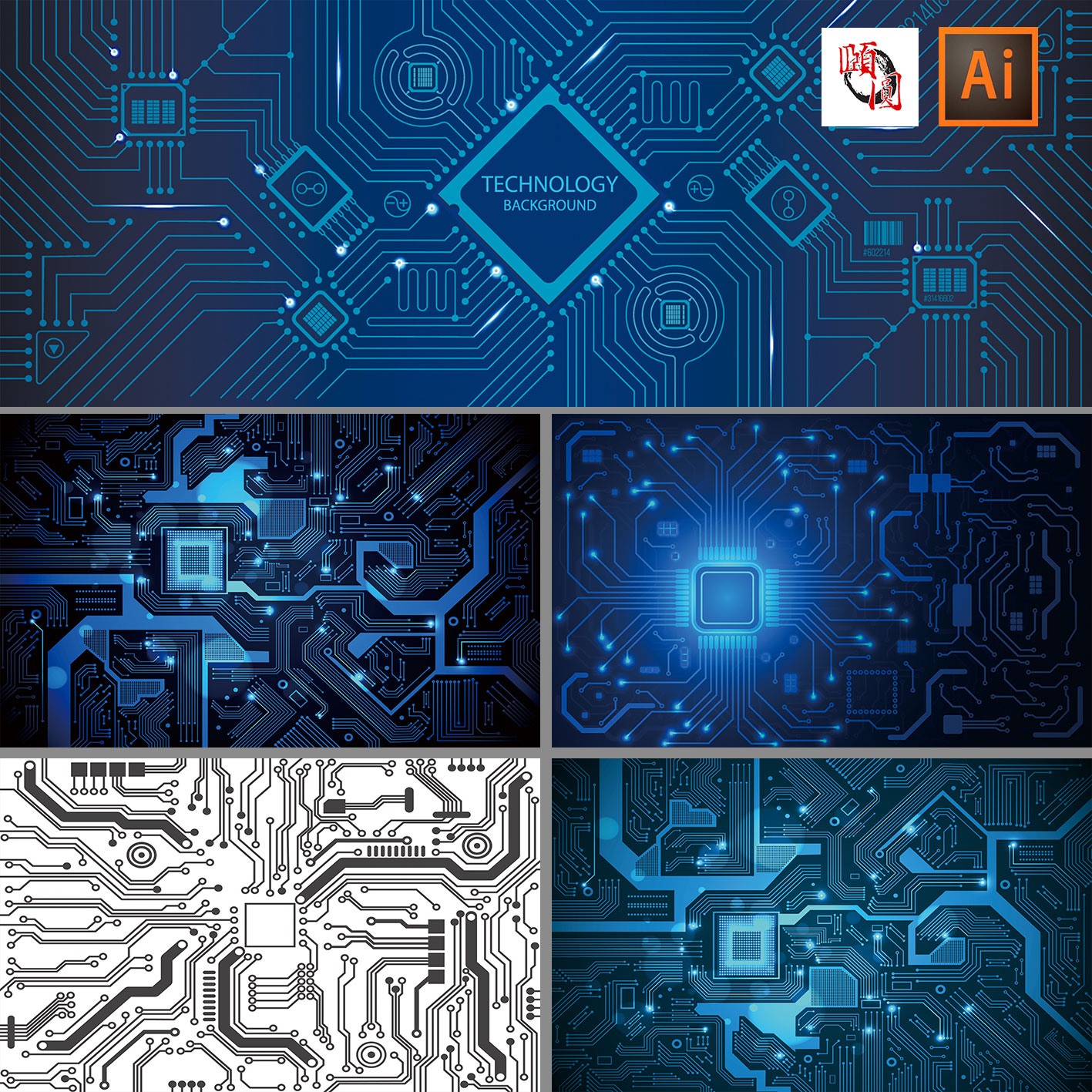 电路板电子元件半导体芯片蓝色科技背景AI矢量设计素材