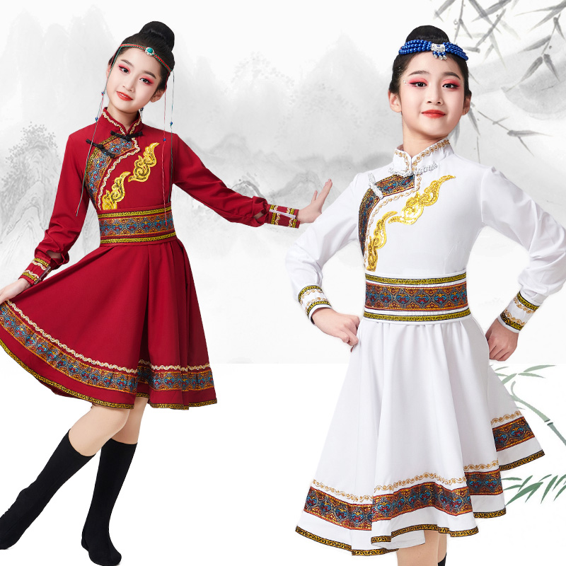 新款儿童蒙古舞蹈演出服女童少数民族服装蒙族白马舞大摆裙练功服