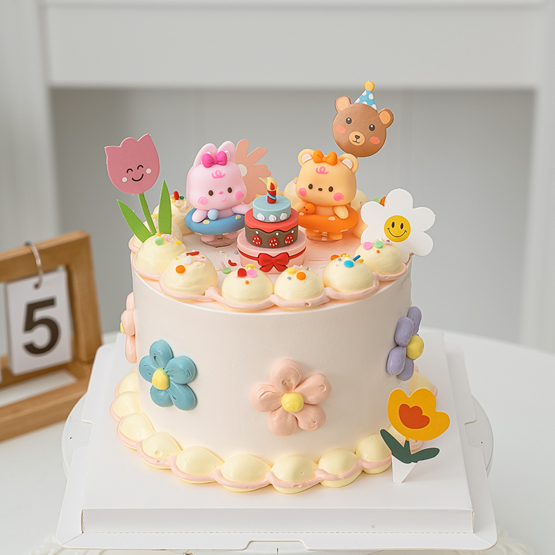 网红卡通蛋糕装饰软胶游泳圈小熊小兔摆件儿童生日派对小花插牌