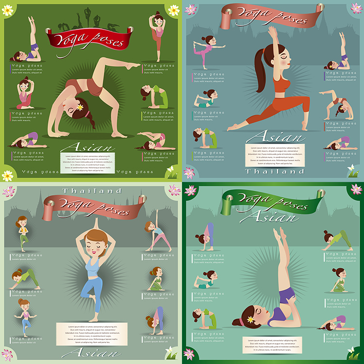 瑜伽人物动作AI矢量素材 卡通女士练瑜伽信息图表素材 设计素材