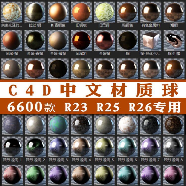 C4D自带渲染中文材质球金属玻璃布水木石土水果透明纹理贴图素材