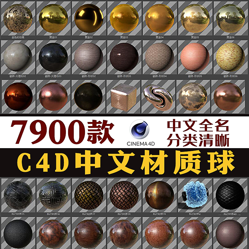 C4D自带渲染中文材质球预设金属玻璃布水木透明地纹理贴图素材