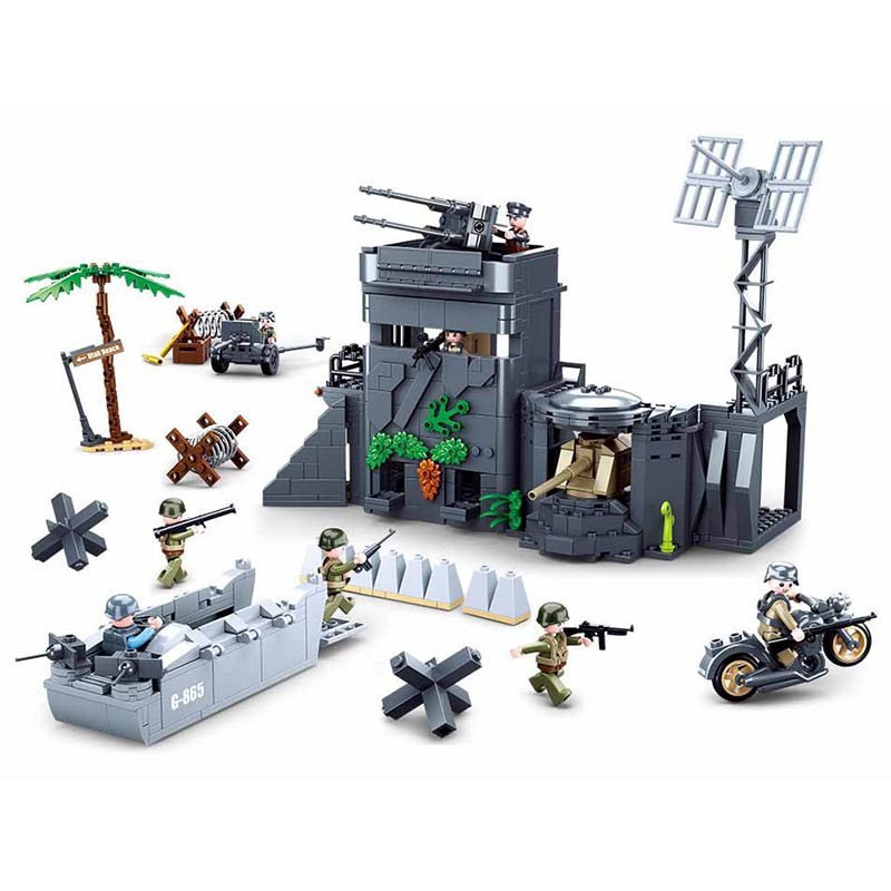 世界大战场景模型战争堡垒碉堡大炮摩托登陆男孩军事城堡积木玩具