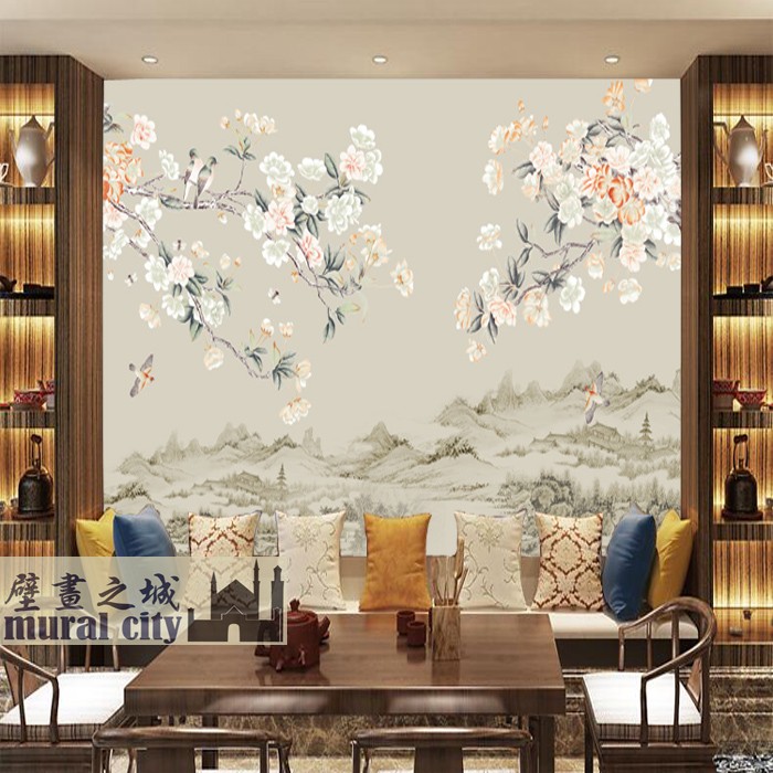 新中式水墨山水玉兰莲花荷叶壁纸家和万事兴壁画素雅禅意背景墙