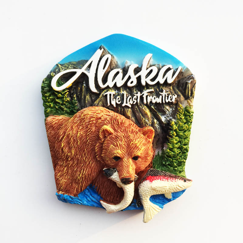 美国阿拉斯加创意旅游纪念装饰工艺品 立体棕熊捕鲑鱼磁性冰箱贴