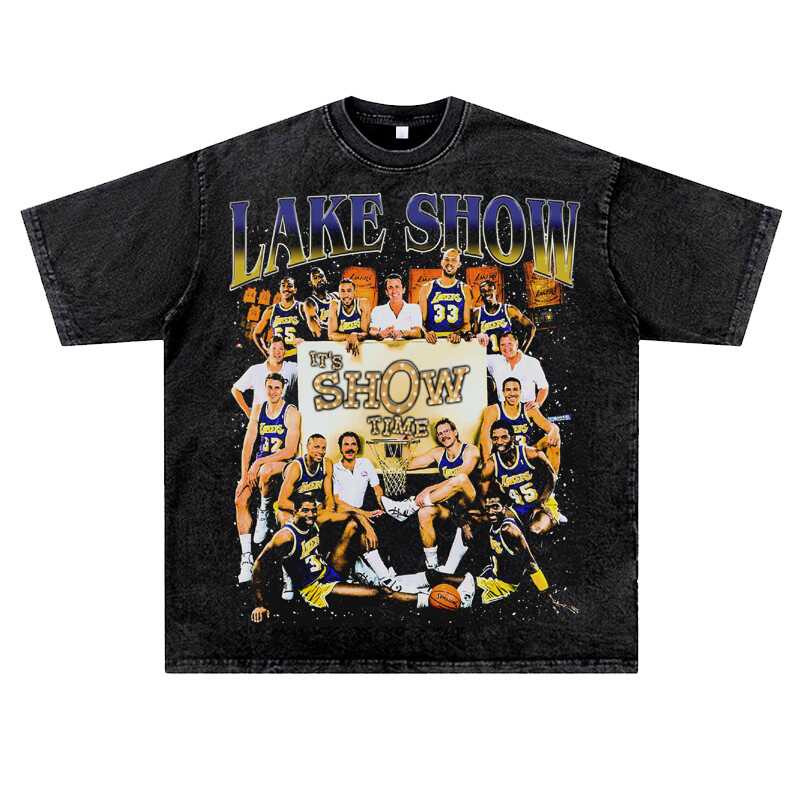 Lakersvintage湖人名宿美式复古重磅纯棉西海岸嘻哈短袖男t恤篮球