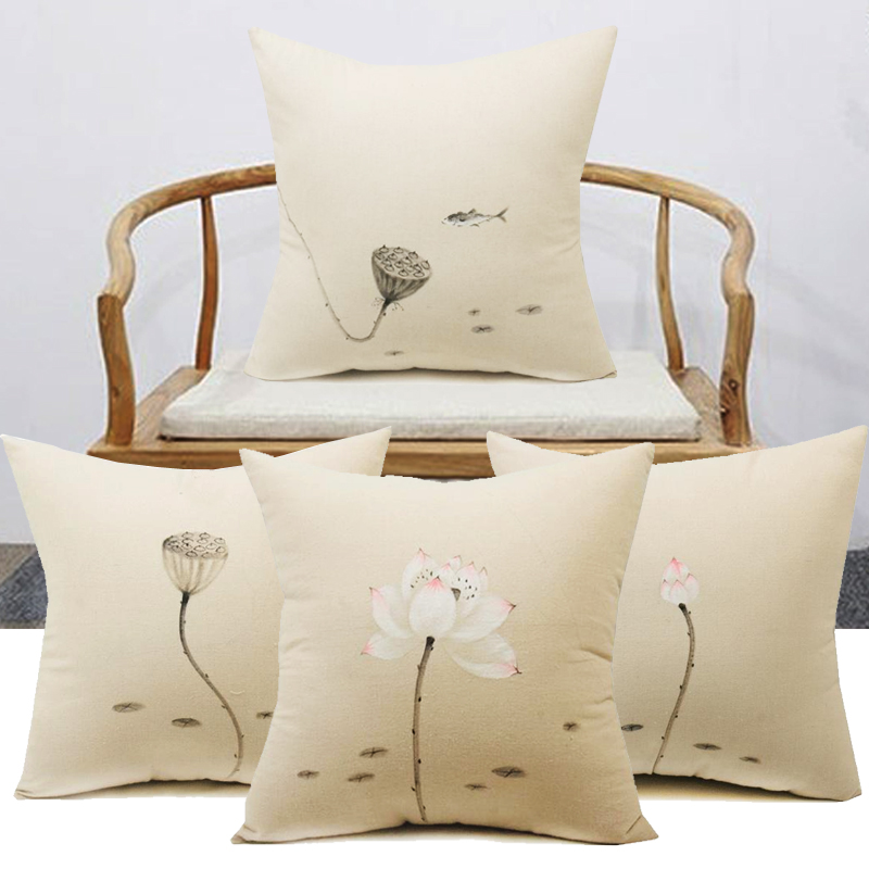 新中式手绘抱枕禅意中国风棉麻中式古风靠垫红木沙发荷花圈椅靠枕