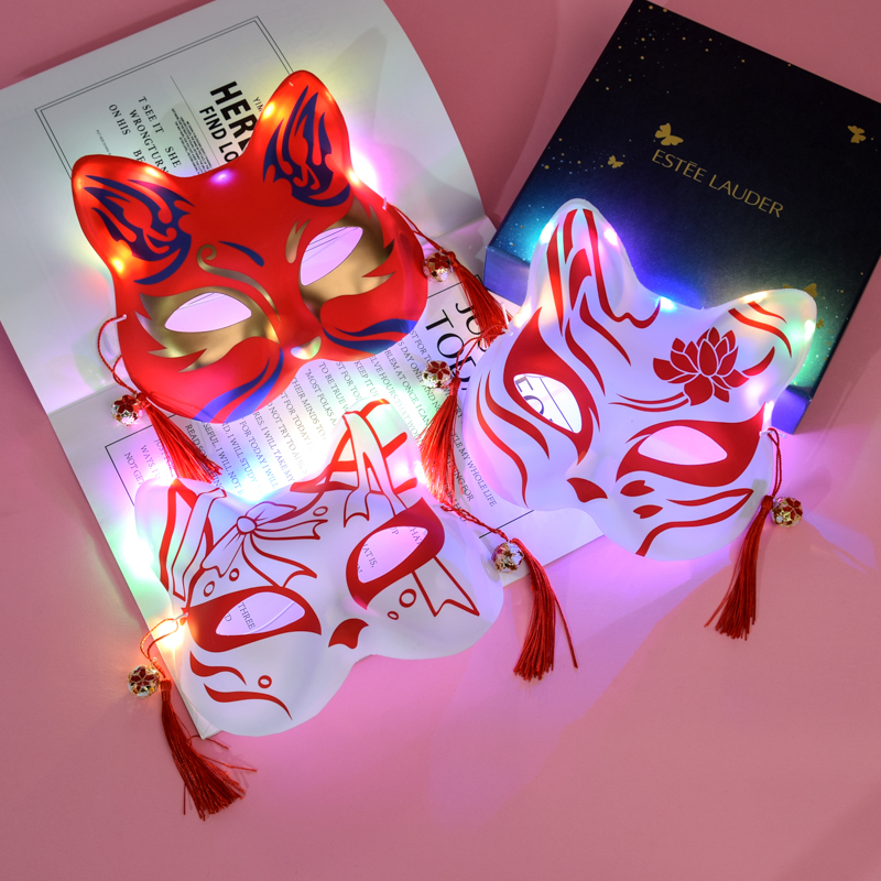 彩绘日式和风狐狸半脸古风发光面具圣诞化妆舞会cos动漫猫脸面罩