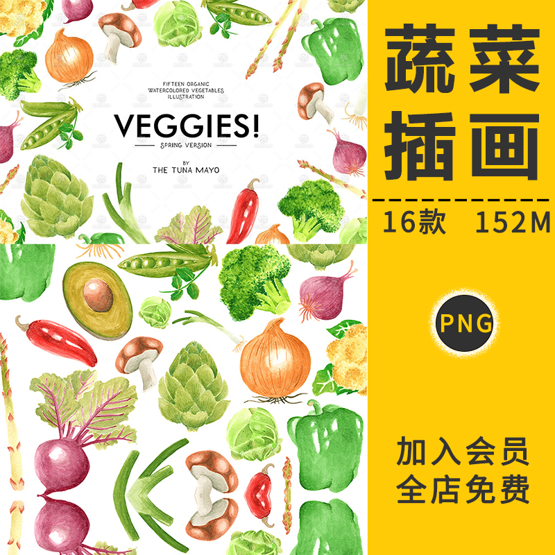 手绘水彩绿色新鲜果蔬菜美食餐饮装饰图案插画PNG免抠设计PS素材